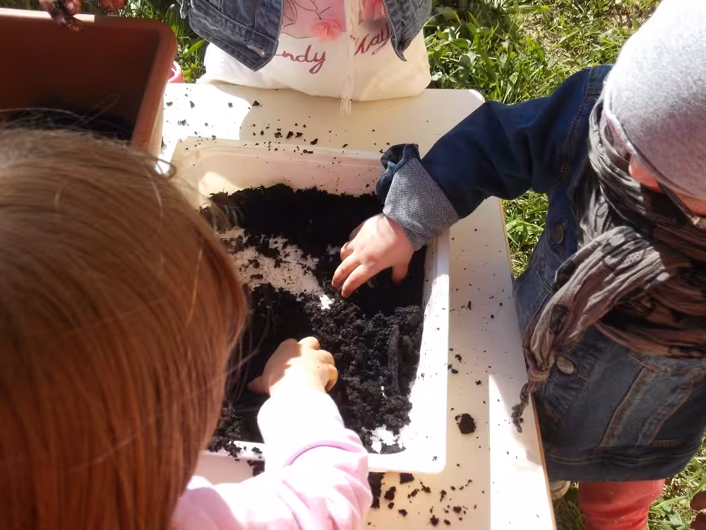 Un'immagine che ritrae suolo, bambino, compost, bambino che fa i primi passi e giardinaggio.