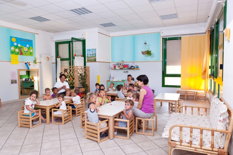 Un'immagine che ritrae asilo, insegnante, aula, classe e scuola.